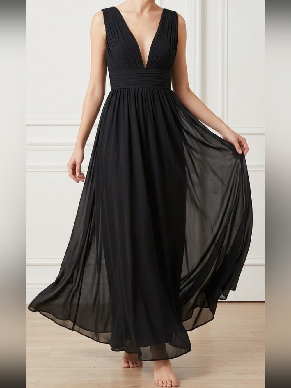 Elegant Black Deep V-Neck Maxi Dress